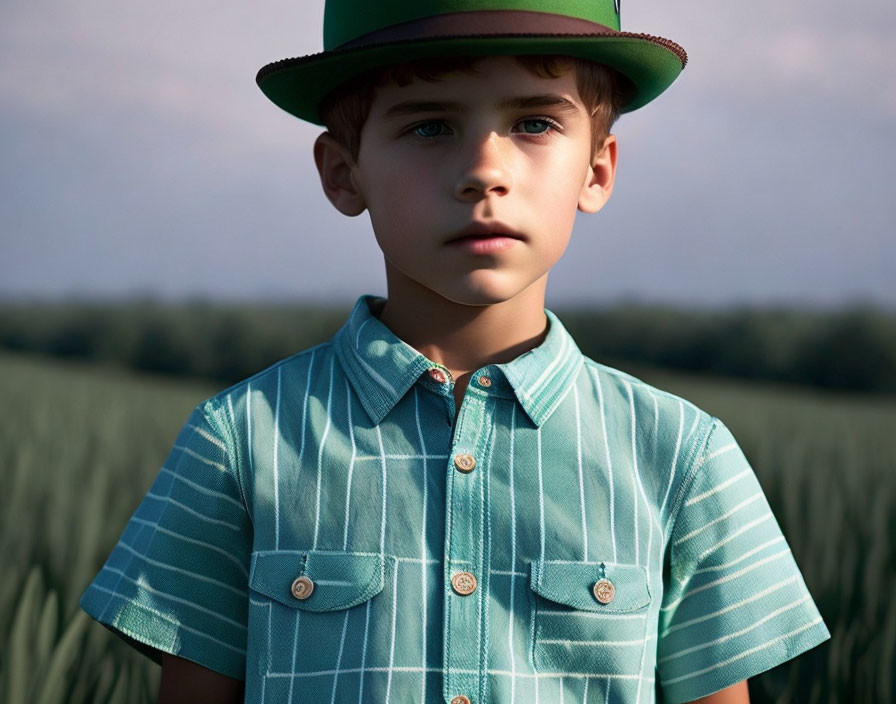 Child with blue eyes in green hat and striped shirt gazes at camera in field