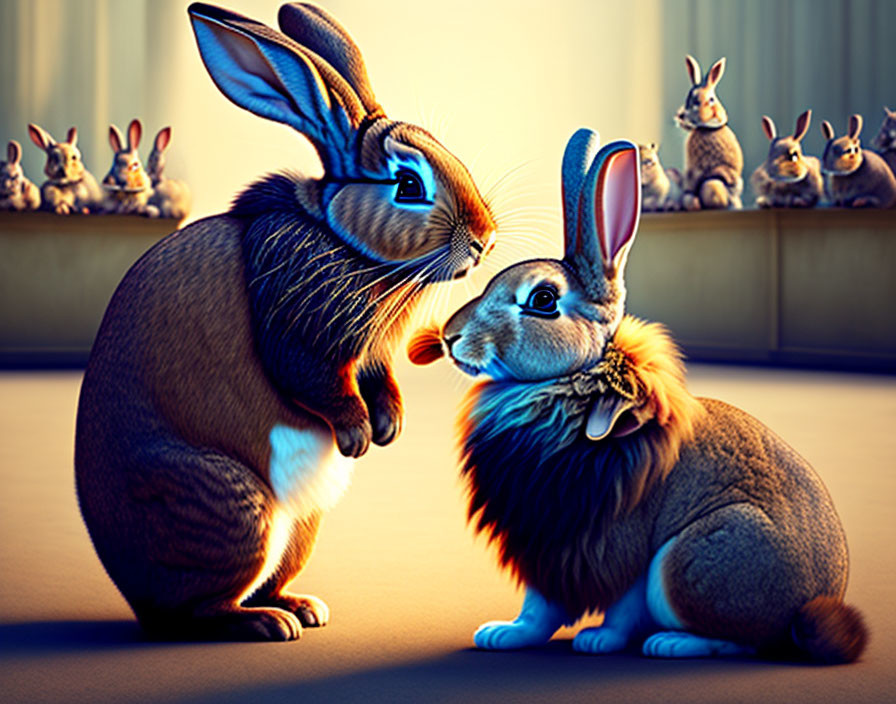 Stylized rabbits whispering in a room with bunny spectators