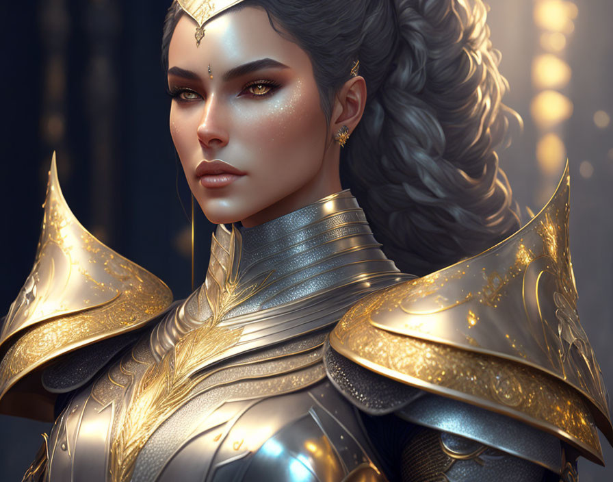 Elaborate golden armor on regal female warrior