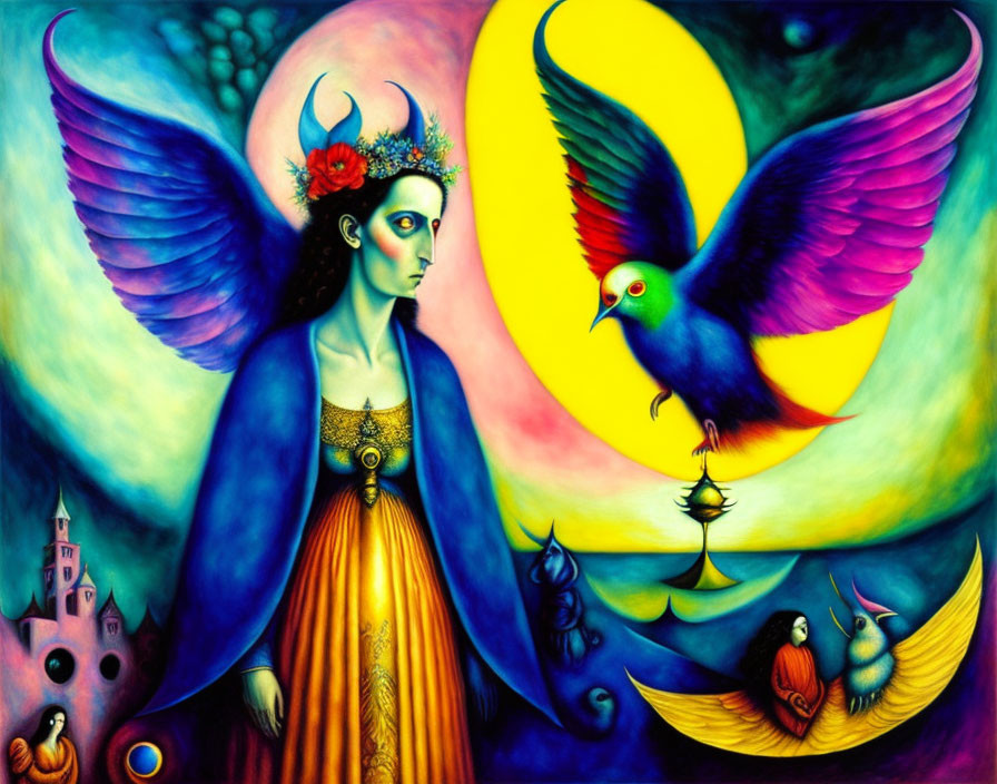 Colorful painting of woman with crown and blue wings beside large bird in moon and sun setting.