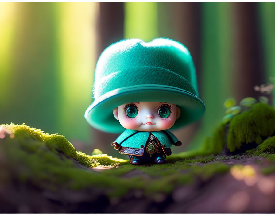 Whimsical toy figure with teal hat in forest setting