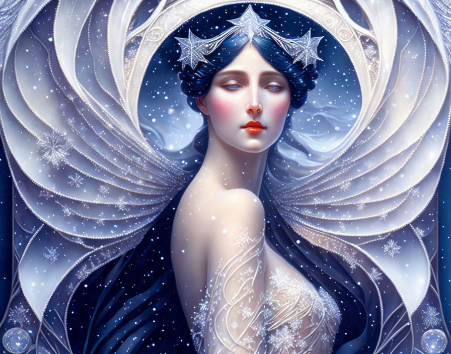 Illustration of ethereal woman with starry, wintry theme and crescent moon crown