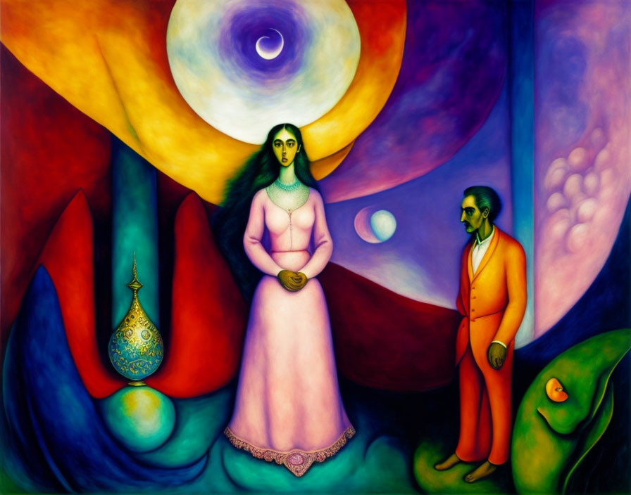 Colorful surrealistic painting of woman, man, abstract shapes, and fish.