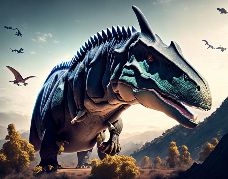 Realistic digital art: Blue-striped dinosaur in prehistoric landscape with flying reptiles
