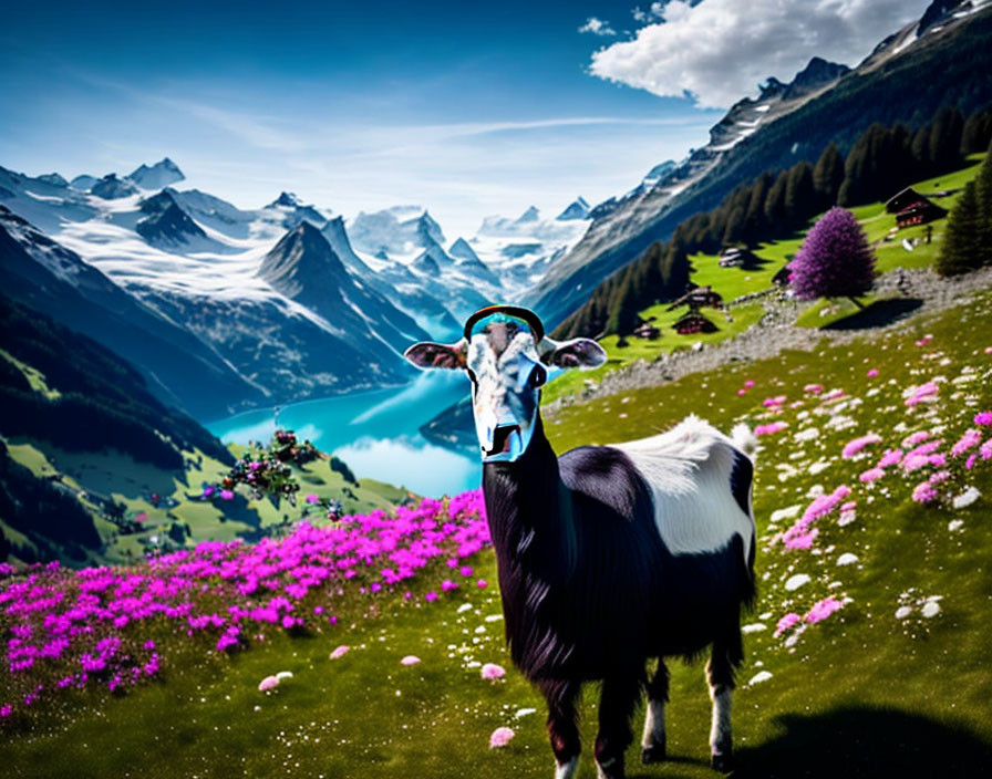 Goat in vibrant mountain meadow with purple flowers and blue lake view