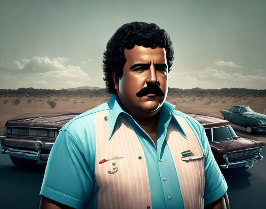 Man with Mustache in Colorful Shirt by Vintage Cars and Desolate Landscape