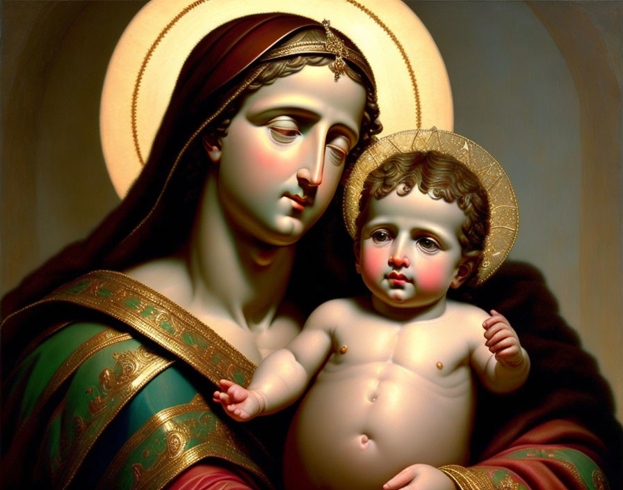 Iconic Madonna and Child painting: haloed figures in regal attire with cherubic infant.