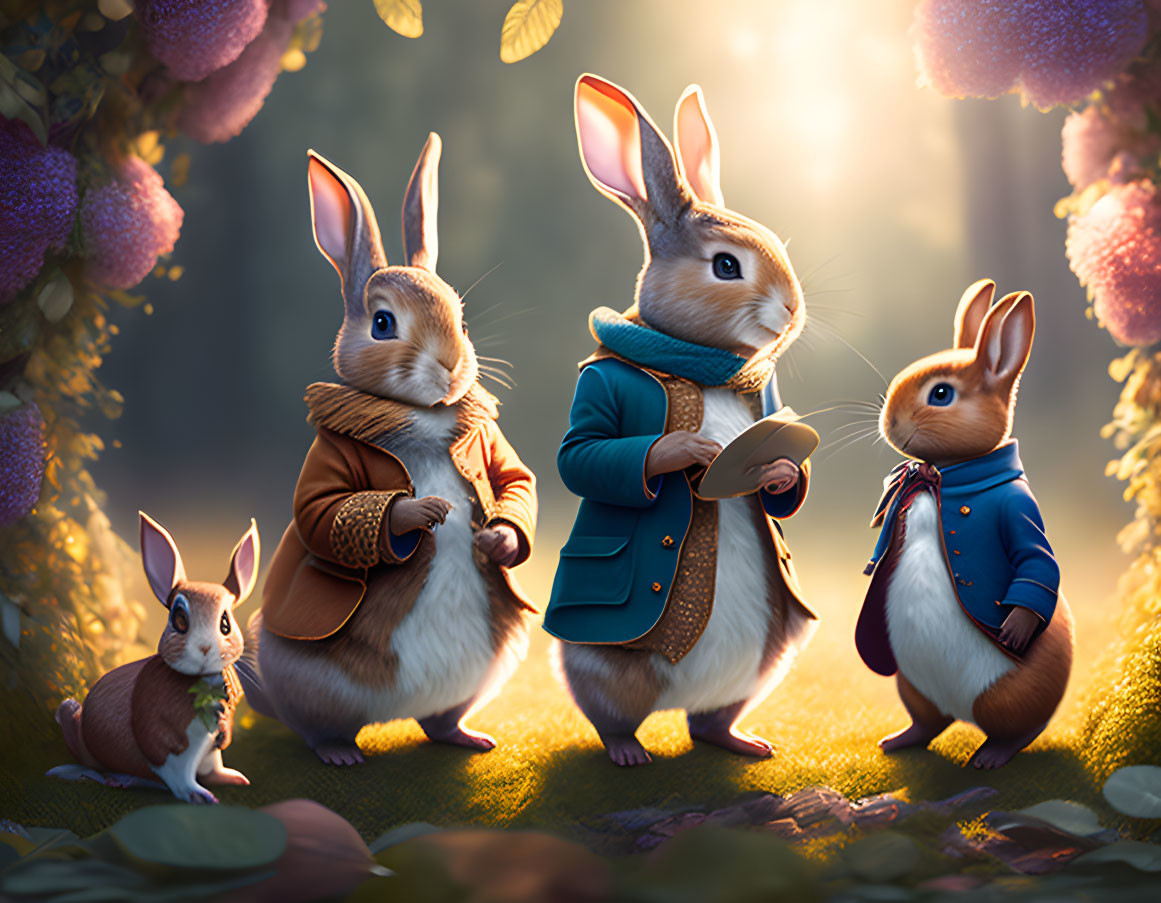 Anthropomorphic rabbits in vintage clothing in sunlit forest with magical atmosphere