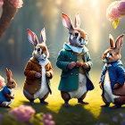 Anthropomorphic rabbits in vintage clothing in sunlit forest with magical atmosphere