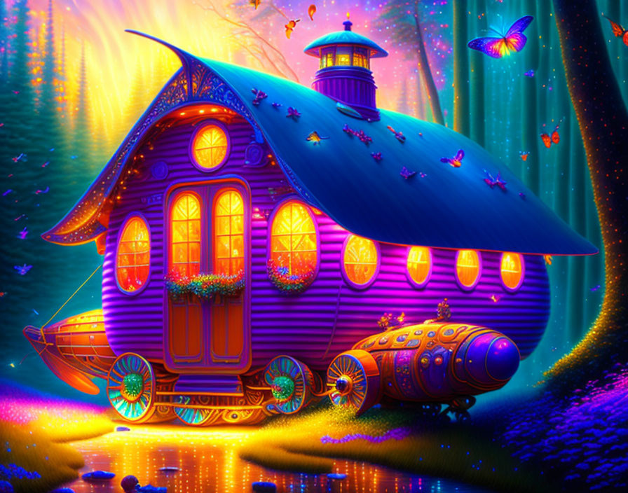 Purple and Gold Houseboat with Whimsical Wheels by Water's Edge