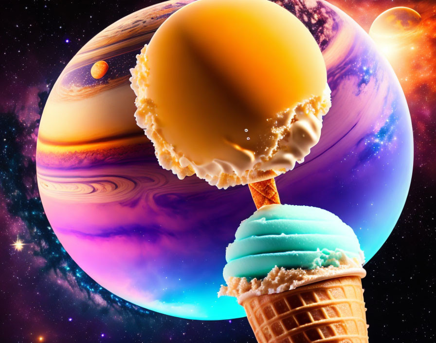 Ice Cream Cone with Blue and Caramel Scoops on Fantasy Space Background