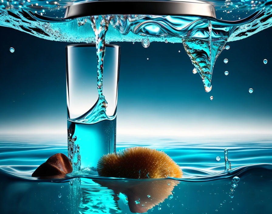 Fresh water pouring into a glass with kiwi and chestnut, set against dynamic blue backdrop.