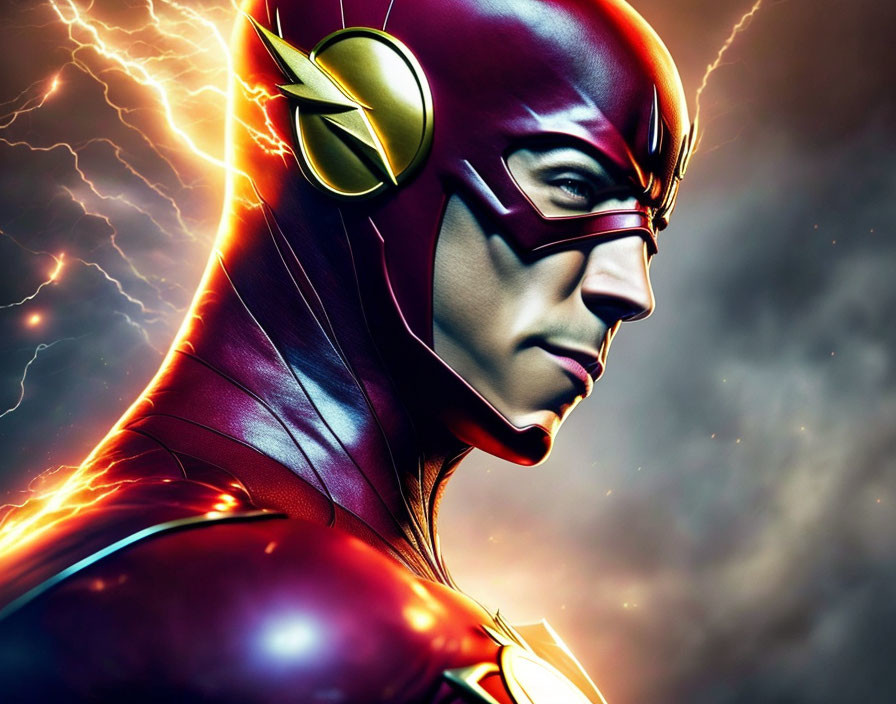 Close-Up of Flash in Costume with Lightning Background