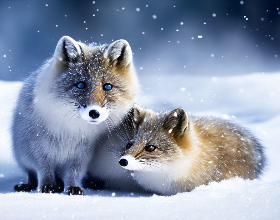 Two foxes with vibrant blue eyes in snowy landscape