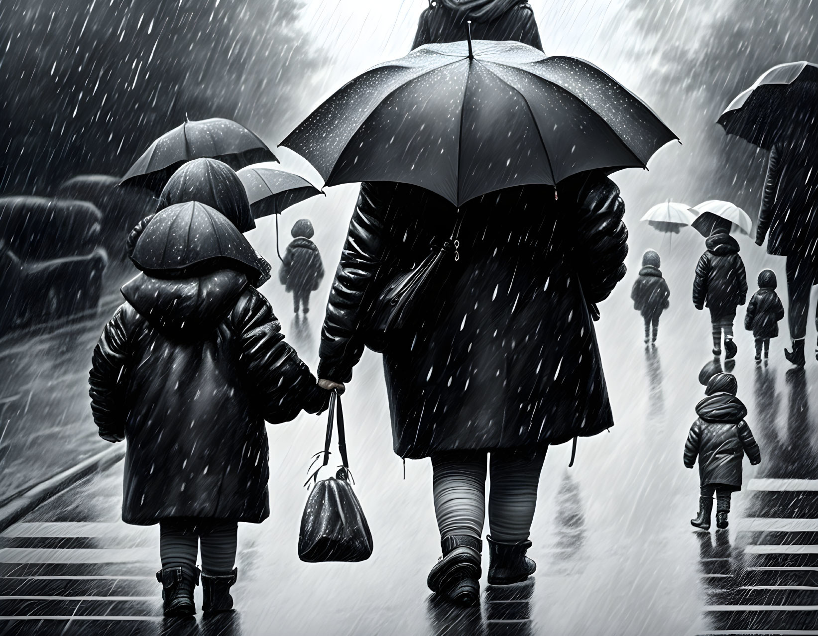 Mother and child looking through the rain