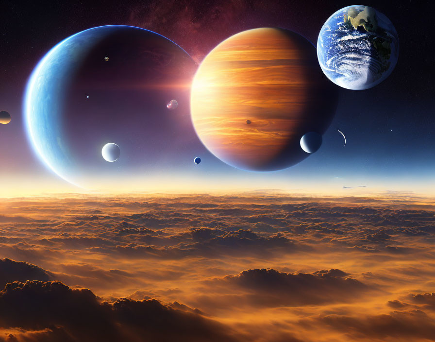 Colorful Planets in Space Scene with Golden Clouds