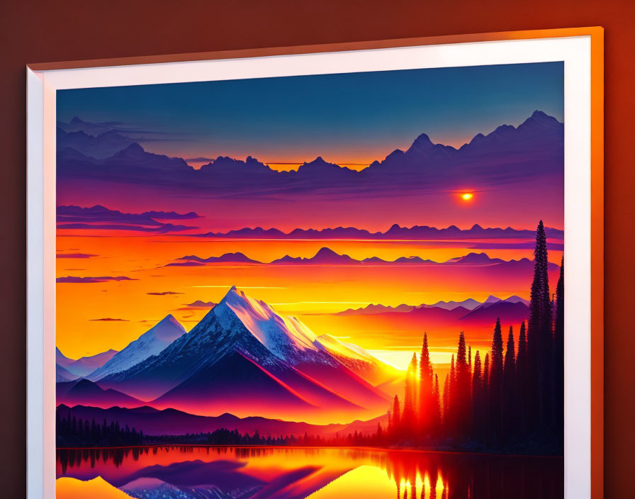 Colorful Framed Artwork: Mountain Landscape at Sunset with Lake Reflections
