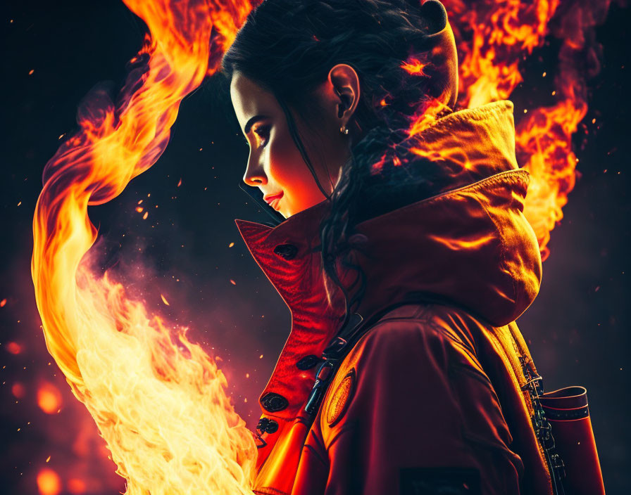 Woman in Red Jacket Against Intense Flames Background