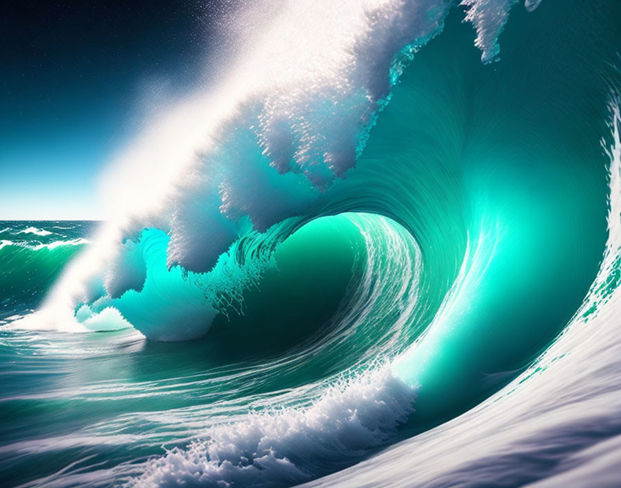 Turquoise Ocean Wave Curling with Clear Blue Sky