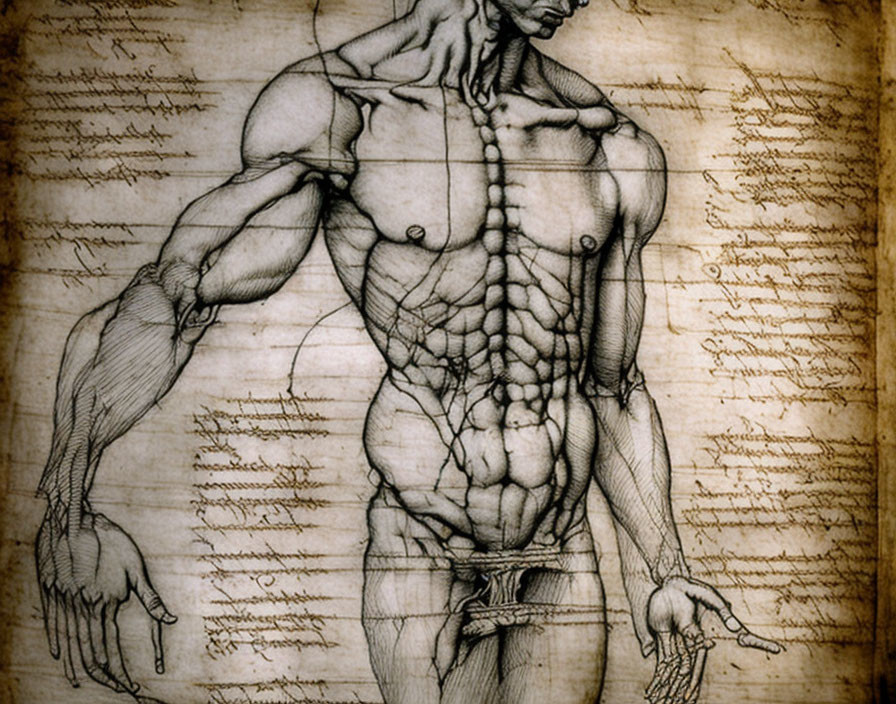Detailed Renaissance-style Male Muscular Anatomy Drawing with Annotations