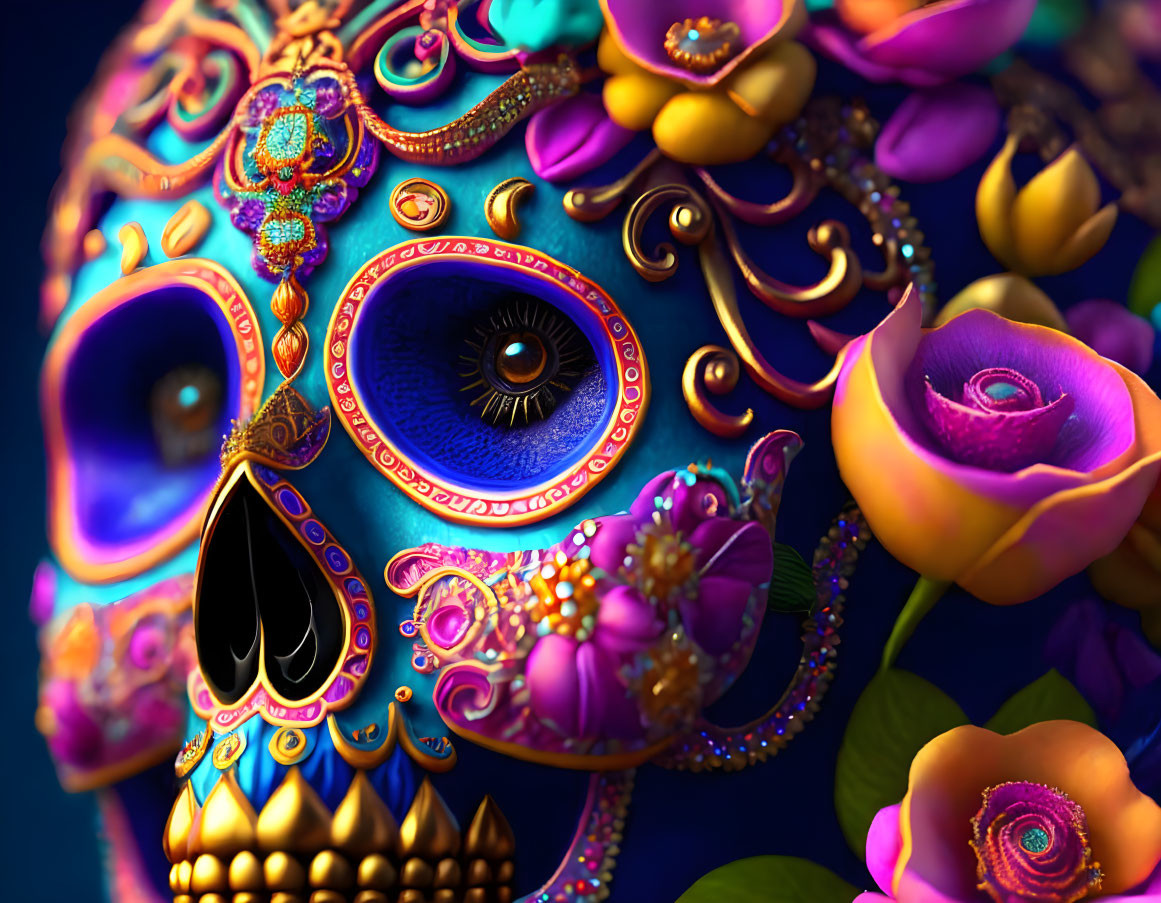 Colorful floral-patterned skull with realistic eye: Mexican Day of the Dead style