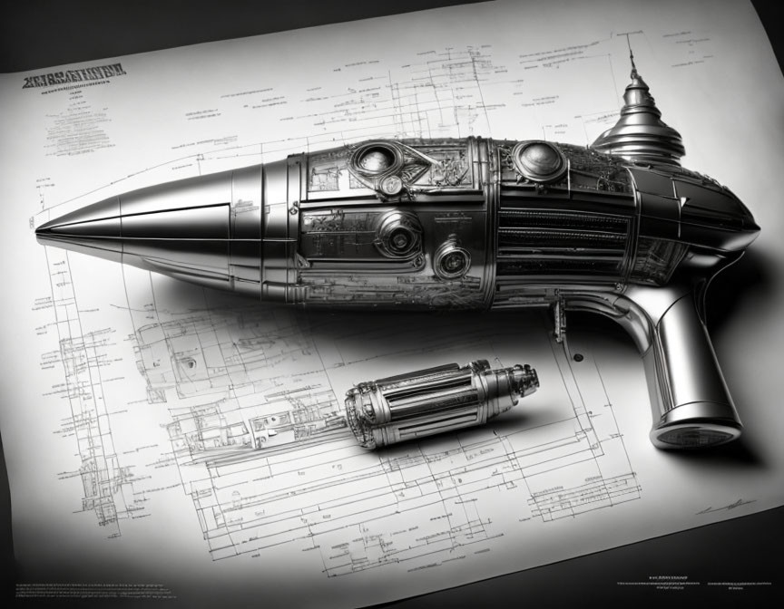 Detailed Monochrome Science Fiction Ray Gun Illustration with Technical Schematics