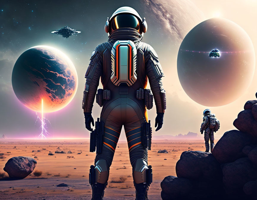Astronauts exploring alien desert planet with spaceships and celestial bodies in sky