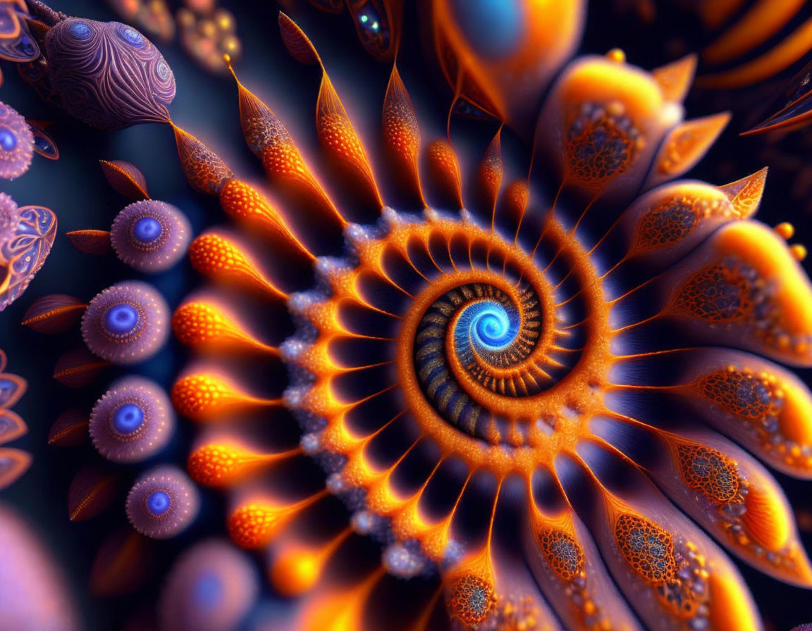 Abstract Digital Art: Spiral Pattern with Orange and Blue Fractal Design