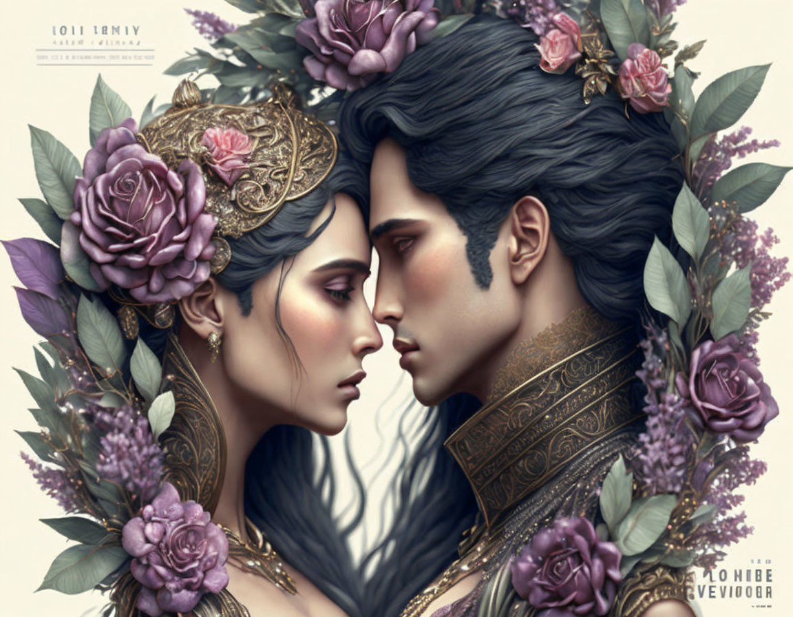 Digital artwork of man and woman with ornate floral frame and golden headpieces