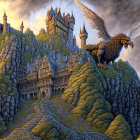 Stone castle on craggy hill with dragon and cloudy sky