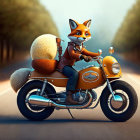 Animated fox in leather jacket and goggles on classic motorcycle in sunlit forest.