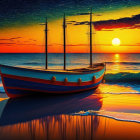 Colorful sunset painting with boat and sailboat silhouettes