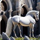 White Horse in Front of Gothic Cathedral with Scattered Stones