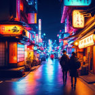 Night scene: Two people on neon-lit street with traditional lanterns