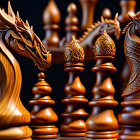 Dragon-themed wooden chess set with intricately carved pieces on dark background