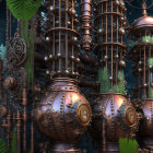 Intricate steampunk mechanical spheres in lush greenery-filled grand hall