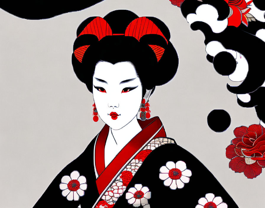 Geisha illustration with red & black hair accessories and floral kimono