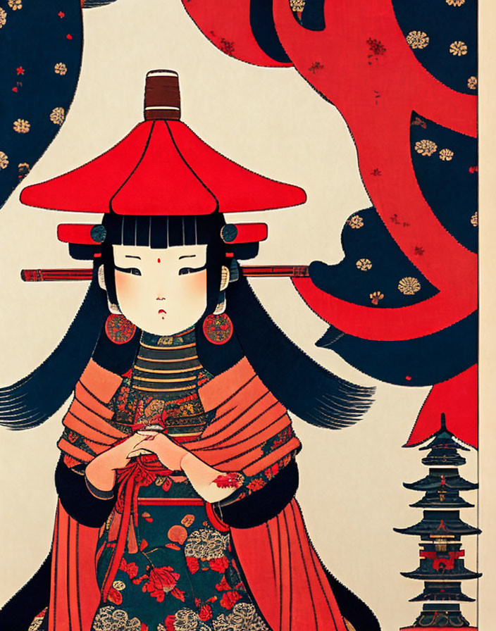 Traditional Japanese Attire Woman Illustration with Red Hat and Pagoda
