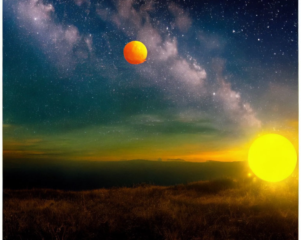 Surreal landscape featuring red moon, yellow sun, and starry sky