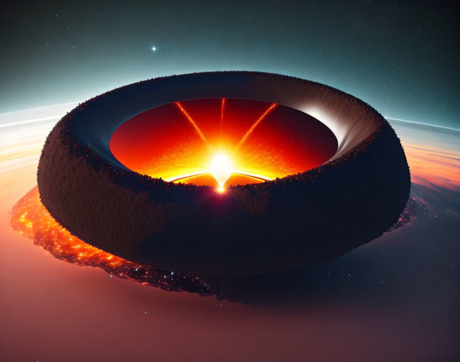 Ring-shaped sci-fi concept: Dyson ring orbiting a star with glowing red interior on starry
