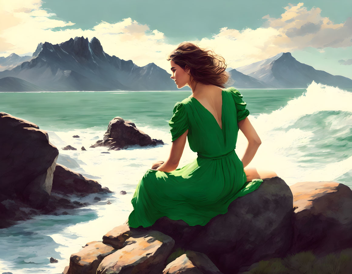 Woman in Green Dress Sitting by Sea with Mountains in Background