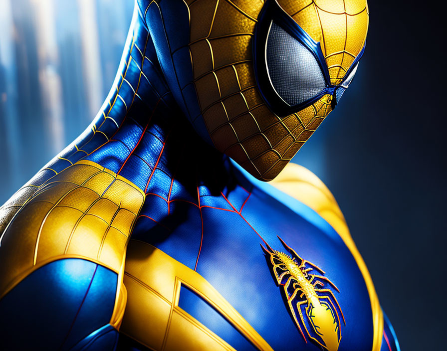 Detailed Spider-Man Costume Close-Up with Gold and Blue Colors