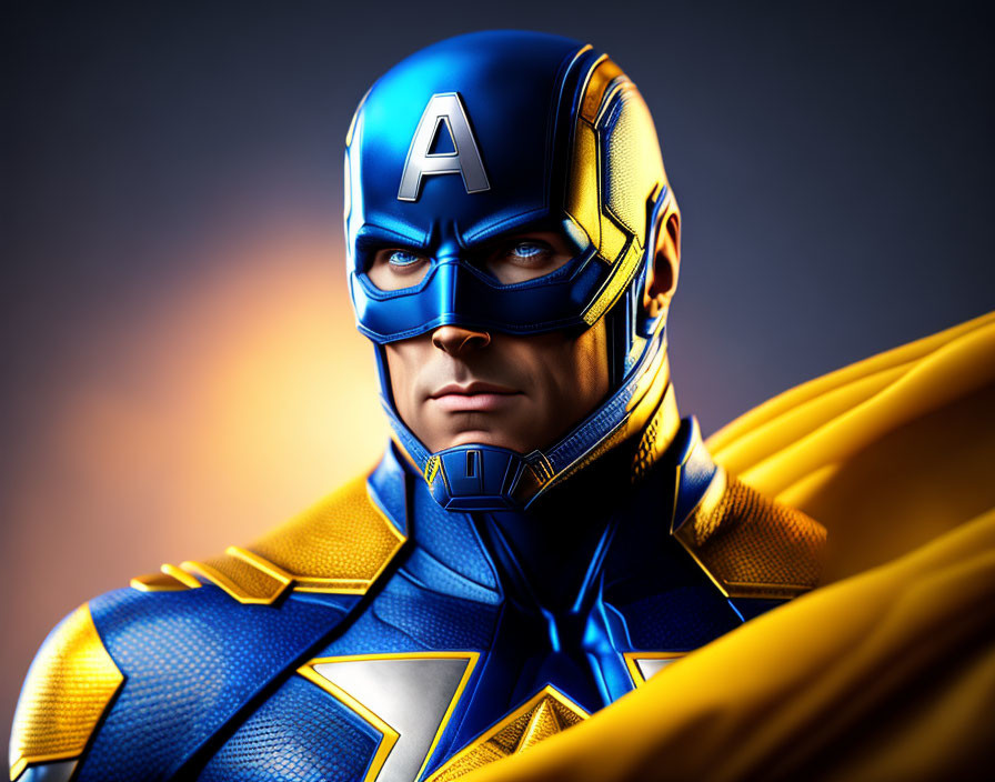 Superhero illustration in blue and gold suit with 'A' emblem and cape on moody background