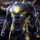 Futuristic blue and yellow armor suit with glowing elements on confident person