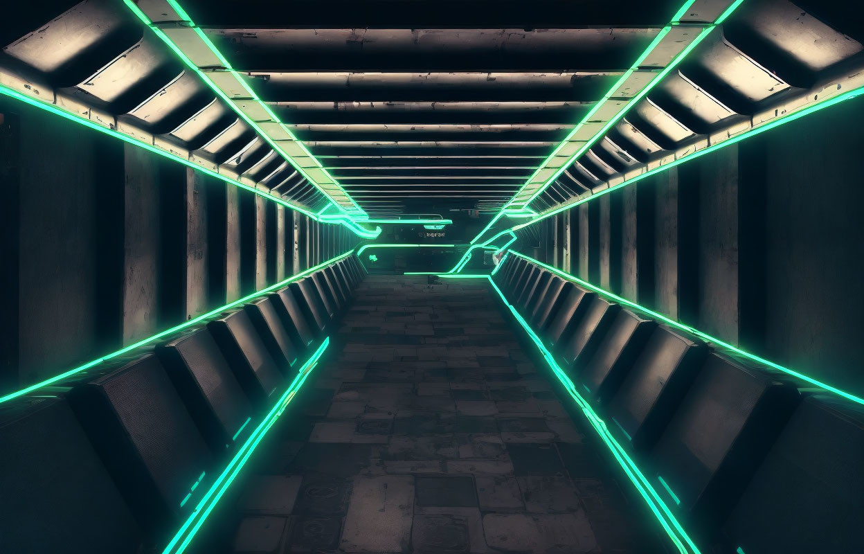 Futuristic corridor with green neon lights and vanishing point