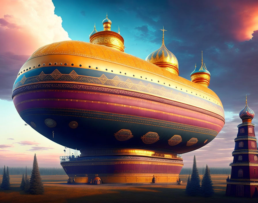 Colorful Russian onion dome airship over sunset landscape with domed tower.