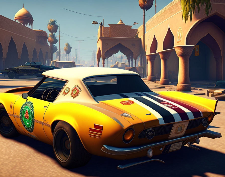 Yellow vintage sports car with racing stripes parked in desert cityscape.