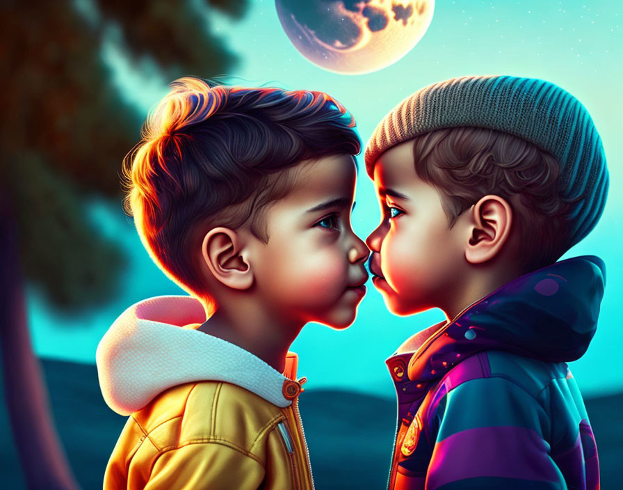 Children in winter clothes touching noses under night sky with visible moon