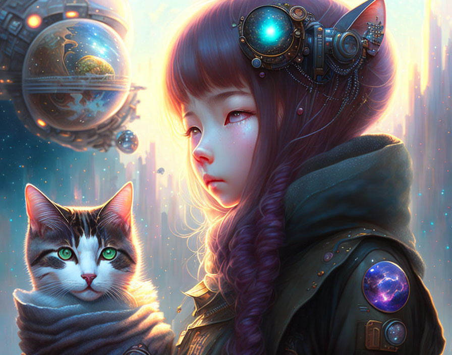 Futuristic girl with mechanical headset and cat in celestial setting