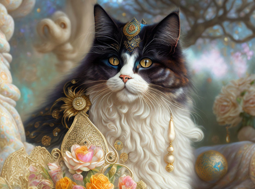 Regal cat adorned with gold jewelry in floral setting